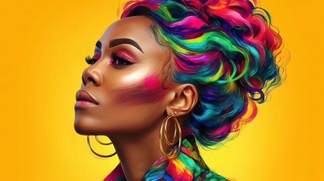 A woman with rainbow hair and dramatic makeup is featured in a captivating portrait.