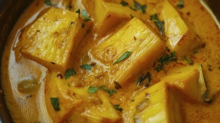 Creamy Yellow Dish with Chunks of Pineapple and Fresh Herbs Garnish