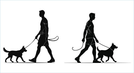 Silhouette of dog and man walking together vector art