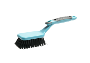 A floating cleaning brush with plastic handle, horizontally aligned, on a solid white background