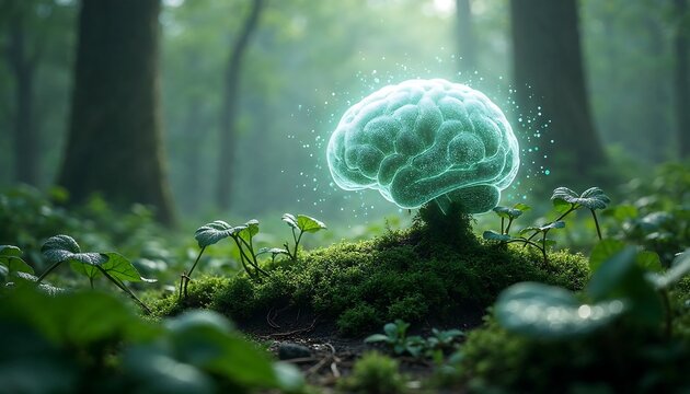 Glowing Brain on Moss in Forest Clearing Idea of Growth