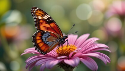 Obraz premium Butterfly Resting on a Flower in Warm Sunlight Summer Scene