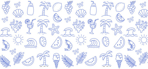 Set of hand drawn summer doodle borders and dividers, blue line art collection featuring tropical beach icons like palm trees, shells, sun, waves, cocktails for page design