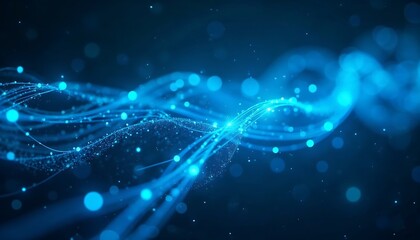Obraz premium Abstract Blue Flowing Lines with Glowing Dots in Dark Background