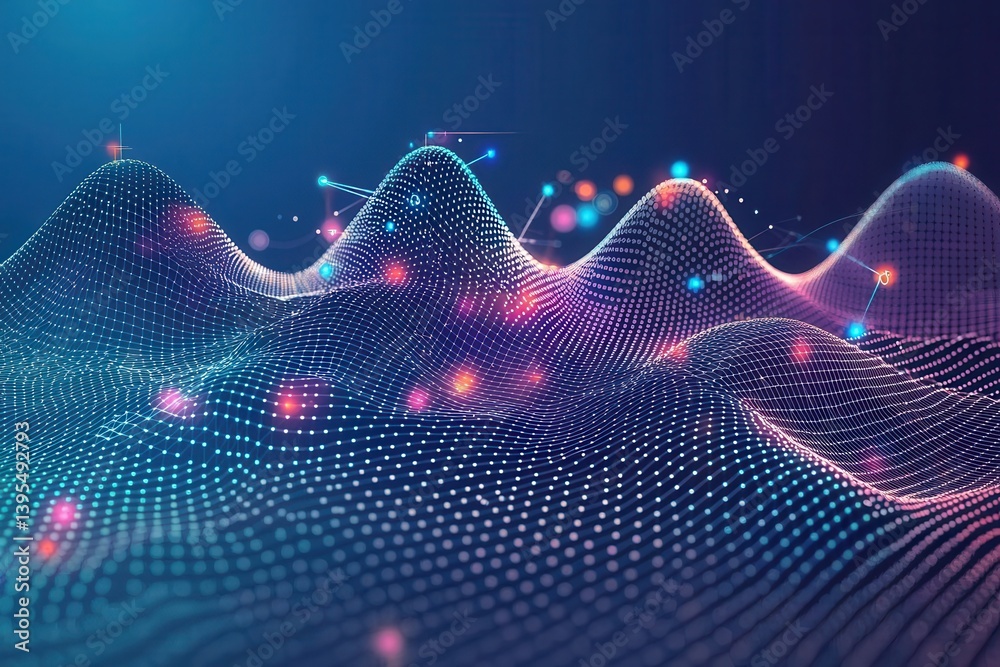 Wall mural abstract digital landscape with colorful dots and waves in motion