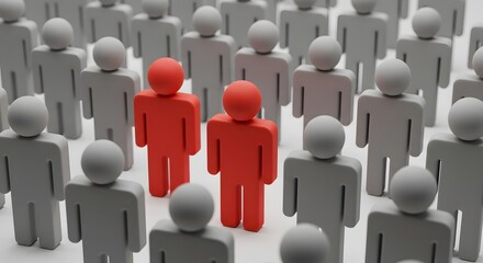 Group of stylized figures, with two figures colored red to stand out in a crowd of grey figures representing individuality and leadership.