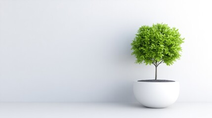 A lush green potted plant standing on a white surface against a minimalist background, and bright and clean interior design concept.