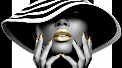 An elegant woman with gold lips and nails poses in a stylish black and white hat.