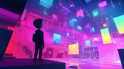 Cartoon boy looks at floating screens in bright purple and pink futuristic room.