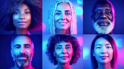 Naklejka premium Six individuals of various ethnicities are beautifully highlighted in a studio with bold neon lighting.