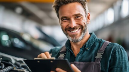 A happy mechanic with a clipboard smiling in his garage, ready for service.