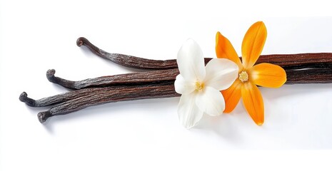 Vanilla Beans and Flowers on White Background