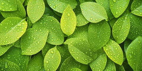 Fototapeta premium Lush green leaves covered in droplets