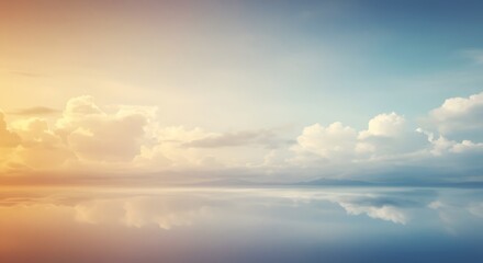Fototapeta premium AI image of serene landscape with soft sunset and clouds reflected in tranquil water, evoking peace, spirituality, and contemplation.