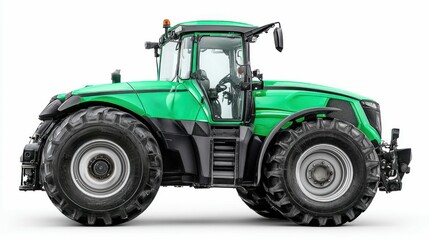 Obraz premium A striking, bright green tractor, isolated on white, ready for agricultural work and field operations.