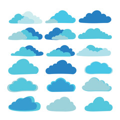 Vector collection of cartoon clouds in various blue shades. The set features multiple cloud shapes with a soft, rounded style.