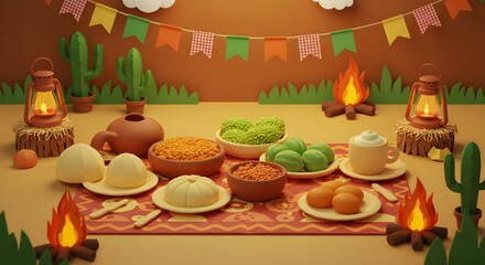 A whimsical, stylized picnic scene with food, campfires, cactuses, and lanterns under a decorative banner, evoking a festive, outdoor celebration.