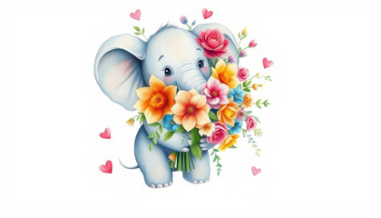 ⁨Professional watercolour, Cute elephant holding a beautiful and lush bouquet of flowers, the bouquet is bigger than the elephant, cute and kind sentiment, hearts around, on a white background