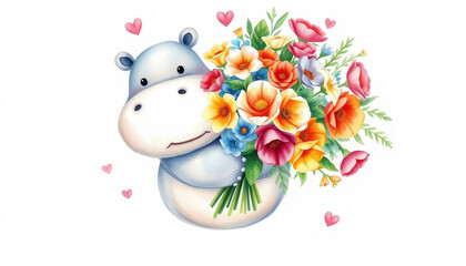 ⁨Professional watercolour, Cute hippopotamus holding a beautiful and lush bouquet of flowers, the bouquet is bigger than the hippopotamus, cute and kind sentiment, hearts around, on a white background
