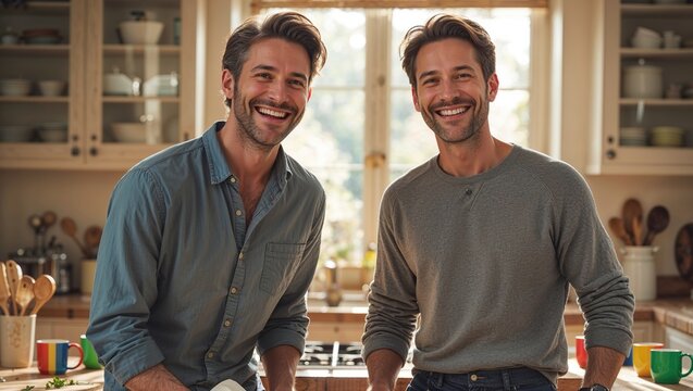 Two smiling individuals engage in a cheerful cooking session, highlighting unity and celebration during Pride Month. The bright kitchen radiates warmth and inclusivity