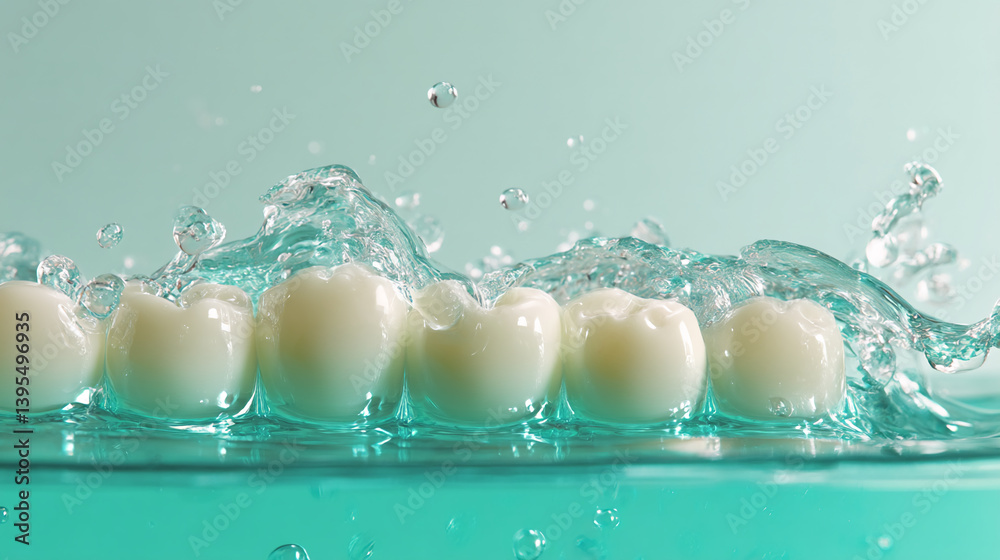 Aufkleber close-up of artificial teeth submerged in turquoise water, creating a refreshing and clean visual, s