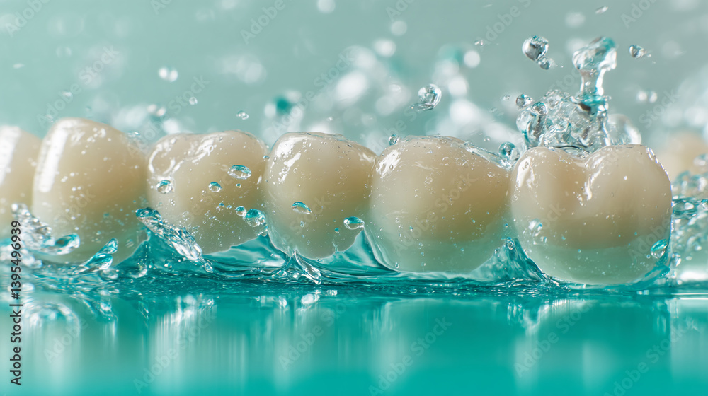Aufkleber close-up of dental crowns submerged in turquoise water, creating a refreshing and clean visual. show