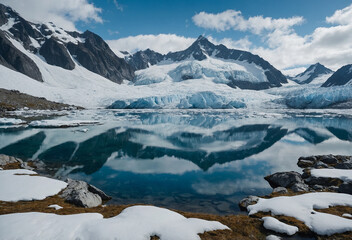 Snowy Mountain Range Under Crisp Winter Sky, Majestic Alpine Panorama, Frozen Peak Wilderness, Serene Cold Weather Landscape
