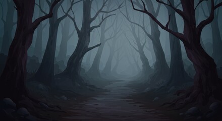 Obraz premium Mysterious foggy forest path with twisted trees and shadows creating an eerie atmosphere