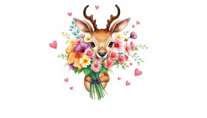 ⁨Professional watercolour, Cute roe holding a beautiful and lush bouquet of flowers, the bouquet is bigger than the roe cute and kind sentiment, hearts around, on a white background