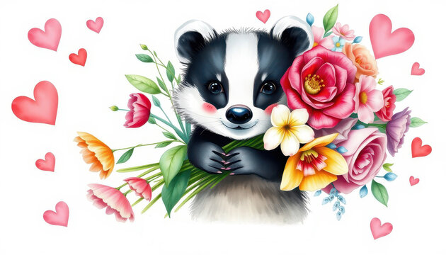 ⁨Professional watercolour, Cute badger holding a beautiful and lush bouquet of flowers, the bouquet is bigger than the badger cute and kind sentiment, hearts around, on a white background