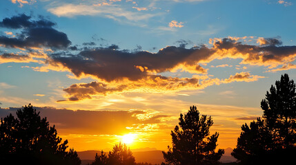 Obraz premium Golden Sunset Over Silhouetted Pine Trees