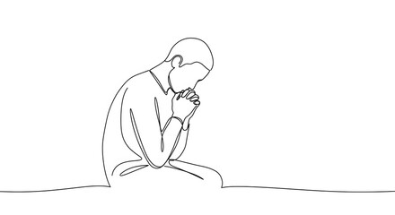 AI image of a person praying, depicted in a minimalist single line drawing style against a white background, conveying devotion.