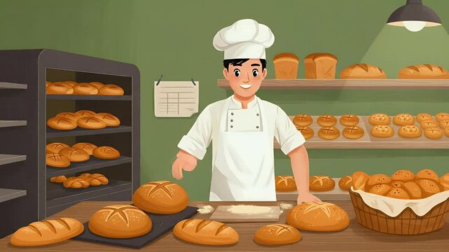 Preparing Fresh Bread Happy Baker Holding Round Loaf at Bakery Illustration