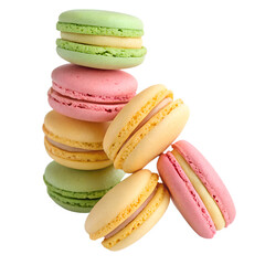 Obraz premium A colorful stack of French macarons in pastel shades of pink, green, and yellow, with smooth shells and creamy fillings, isolated on a transparent background