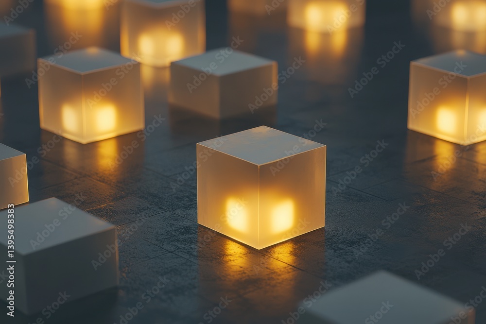 Wall mural soft glowing cubes illuminated in a dark ambient setting