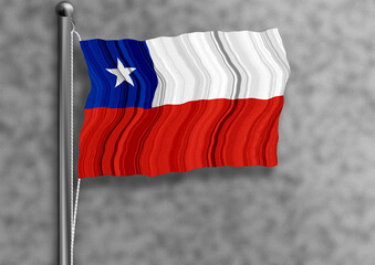 Chilean flag flying on a flagpole, isolated, textured wall in the background.