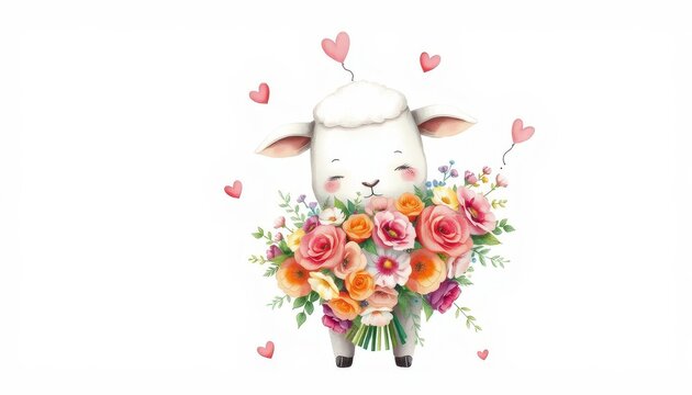 Professional watercolour, Cute sheep holding a beautiful and lush bouquet of flowers, the bouquet is bigger than the sheep cute and kind sentiment, hearts around, on a white background - Powered by Adobe