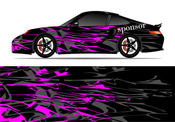 Sleek black sports car with vibrant pink and purple abstract design, showcasing dynamic motion