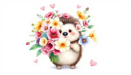 Professional watercolour, Cute hedgehog holding a beautiful and lush bouquet of flowers, the bouquet is bigger than the hedgehog cute and kind sentiment, hearts around, on a white background