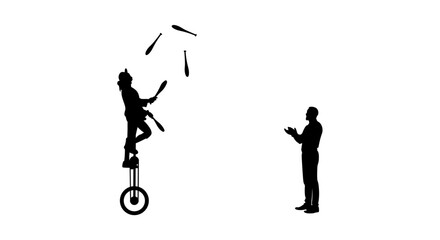 A magician is performing magic on a unicycle, while someone is clapping vector. © Raju