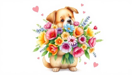 Professional watercolour, Cute dog holding a beautiful and lush bouquet of flowers, the bouquet is bigger than the dog cute and kind sentiment, hearts around, on a white background