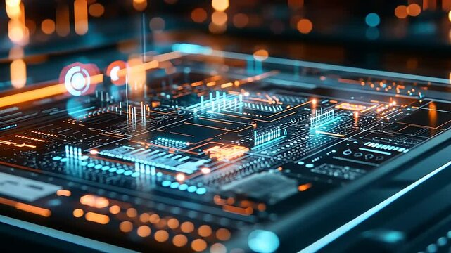 Futuristic circuit board with glowing components, showcasing advanced technology in a digital environment