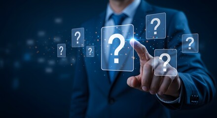 AI image depicting a businessman in a suit touching a digital screen with question mark icons, representing solutions and problem-solving.