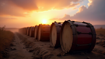 Drums Lined Up on Dirt Road at Sunset