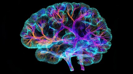 Colorful human brain illustration with glowing veins on a black background.