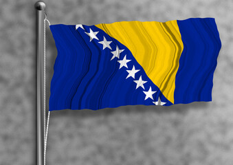 Bosnia and Herzegovina flag flying on a flagpole, isolated, textured wall in the background.