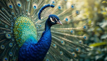 Obraz premium Elegant Peacock Displaying Feathers in a Lush Green Natural Setting