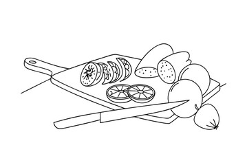 Minimalist Line Art Of Sliced Sausage Oranges And Knife On Cutting Board