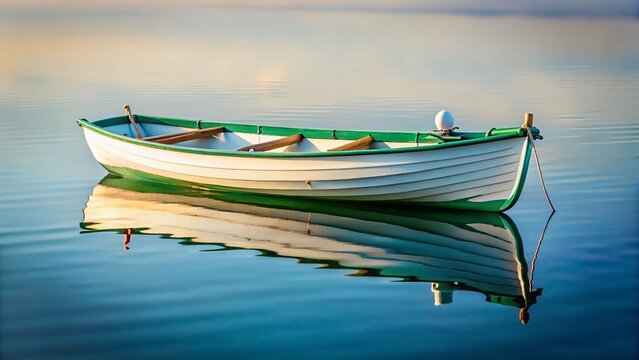 Minimalist White Wooden Dory on Calm Water, Traditional Fishing Boat Reflection