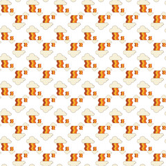 Seamless Pattern of Cartoon Cloud and Bacon Stripes on White Background